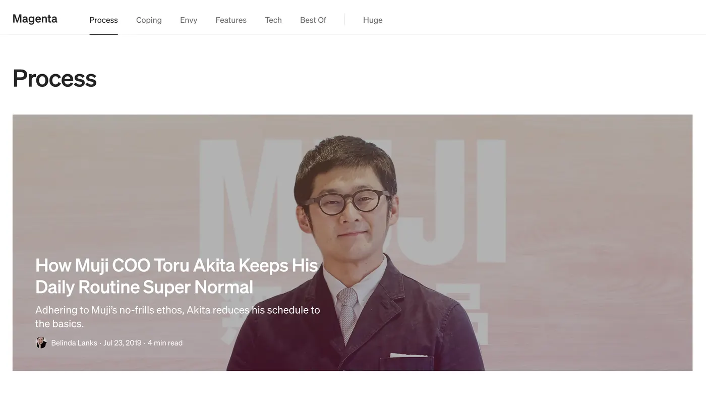 Magenta publication: the Process section with a featured hero article on Muji COO Toru Akita.