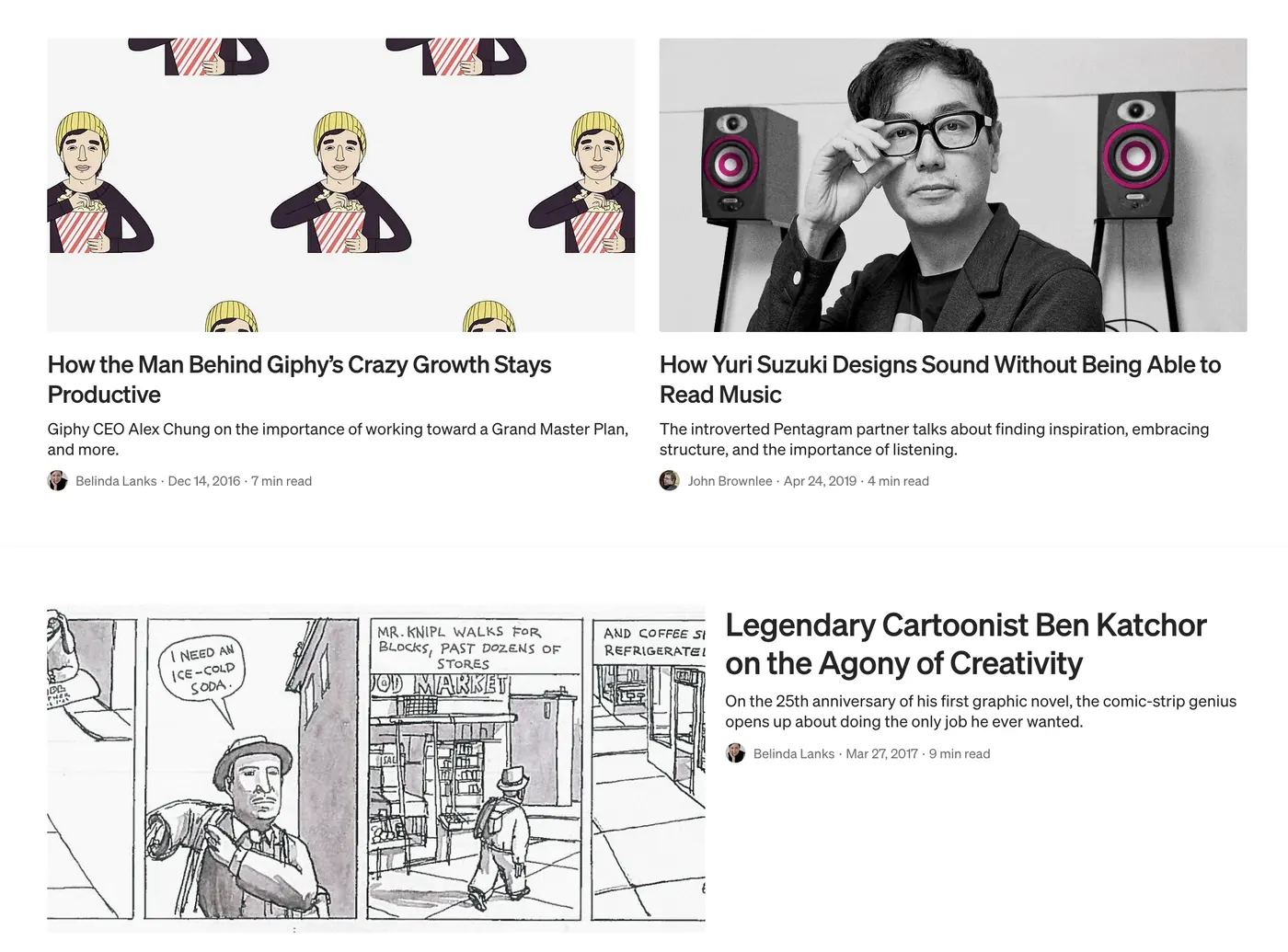 Four Magenta article cards: profiles of Giphy's CEO, sound designer Yuri Suzuki, a comic-strip artist, and cartoonist Ben Katchor.